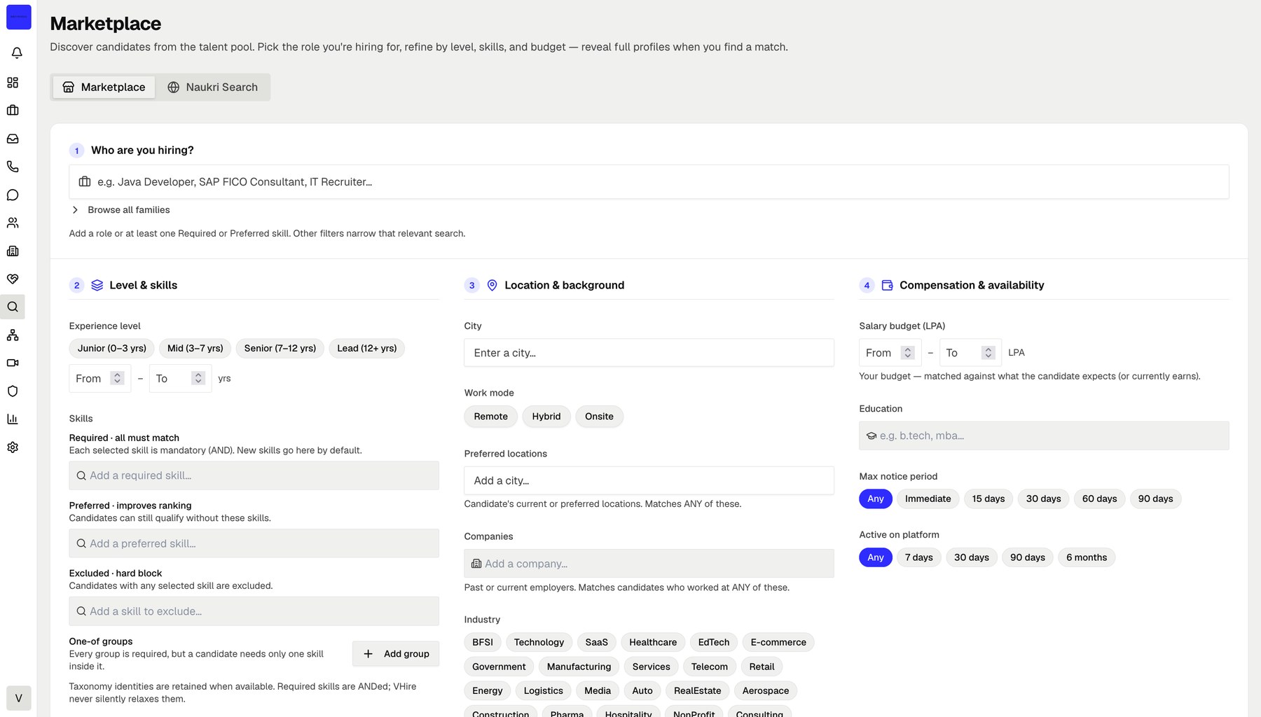 Marketplace search with required, preferred and excluded skills, location, compensation and availability